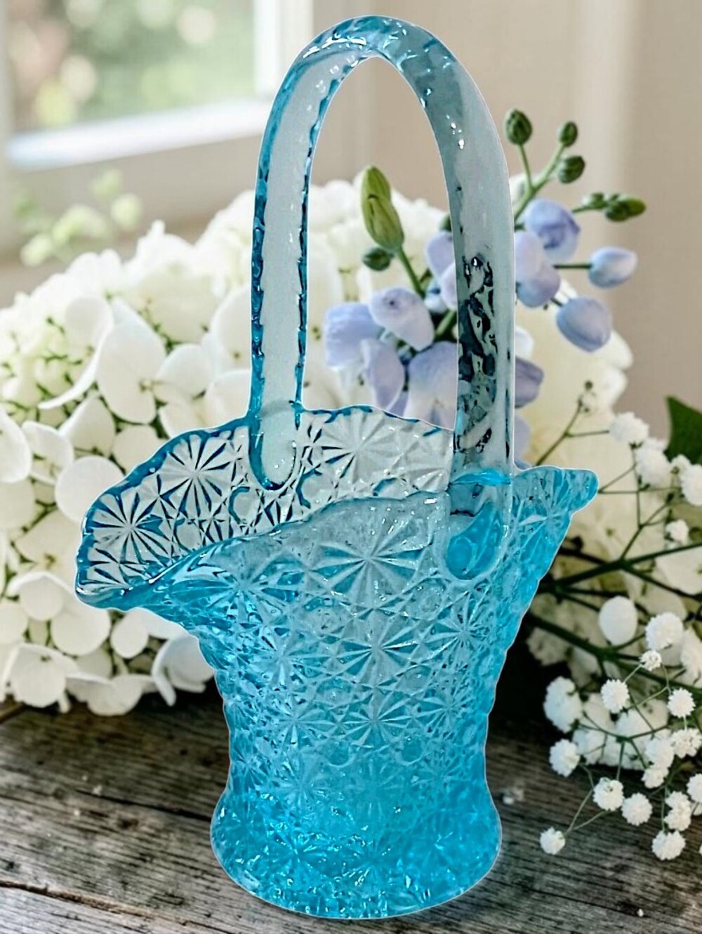 LG Wright Daisy‎ Button Glass Basket Brides Vase Blue Pressed Art Glass Ruffled
